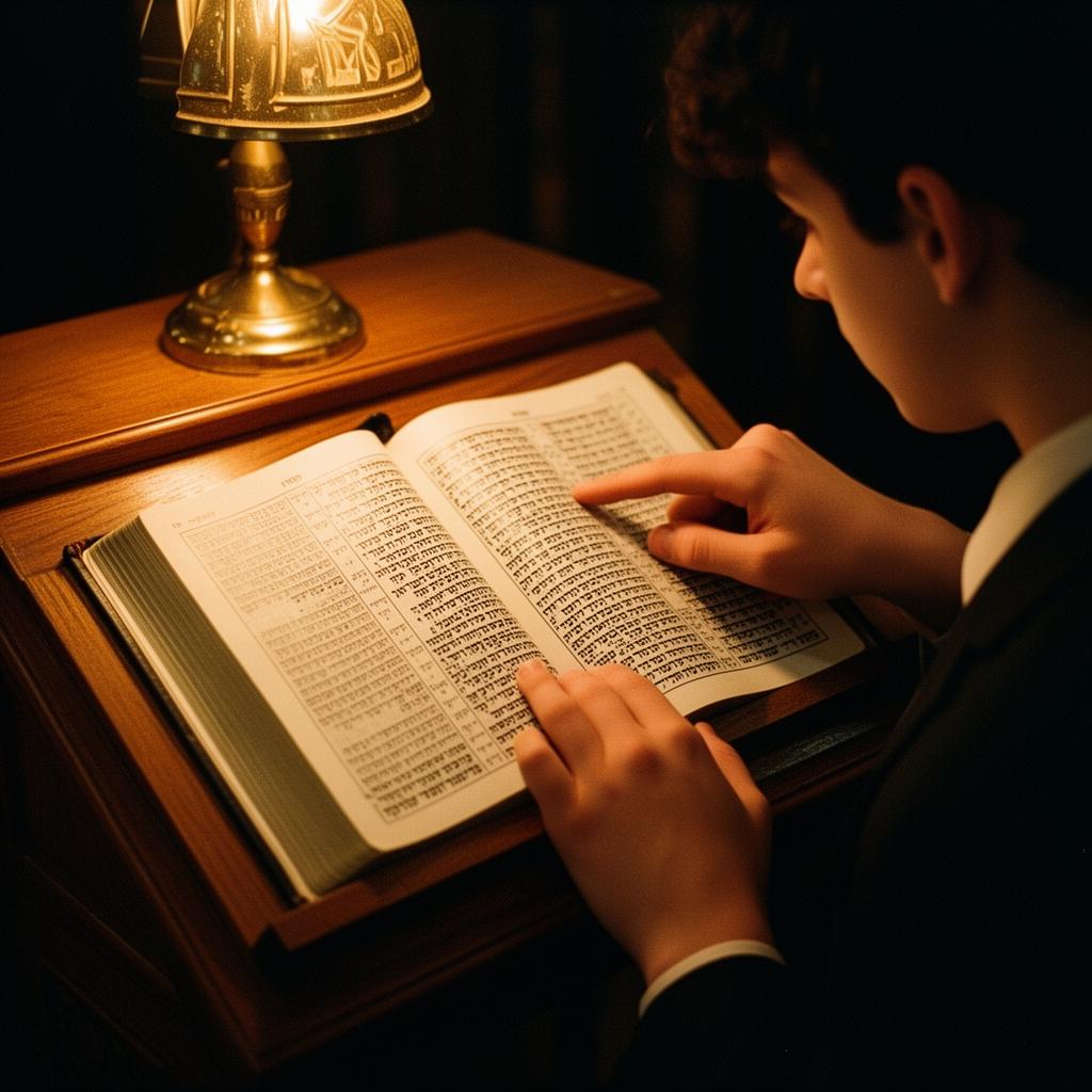 An open Gemara under warm lamp light